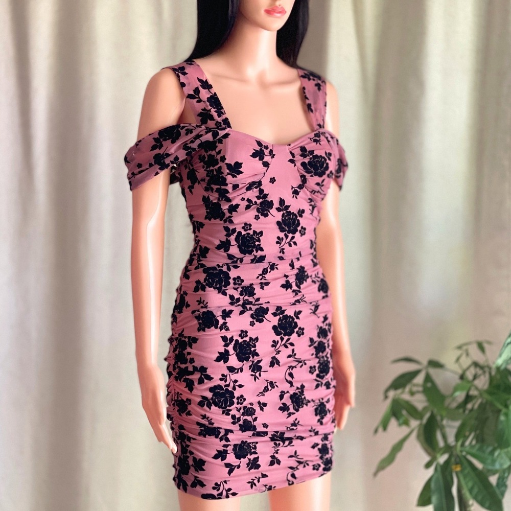 NWT Pink Black Floral Flocked Velvet Mesh Ruched Mini Dress Cold Shoulder S